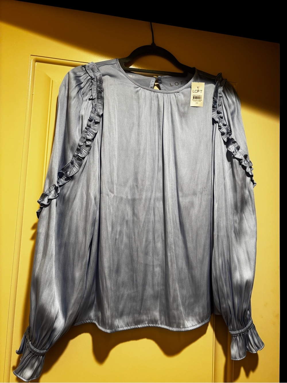 LOFT Steel Blue Ruffle-Trim Long Sleeve Blouse